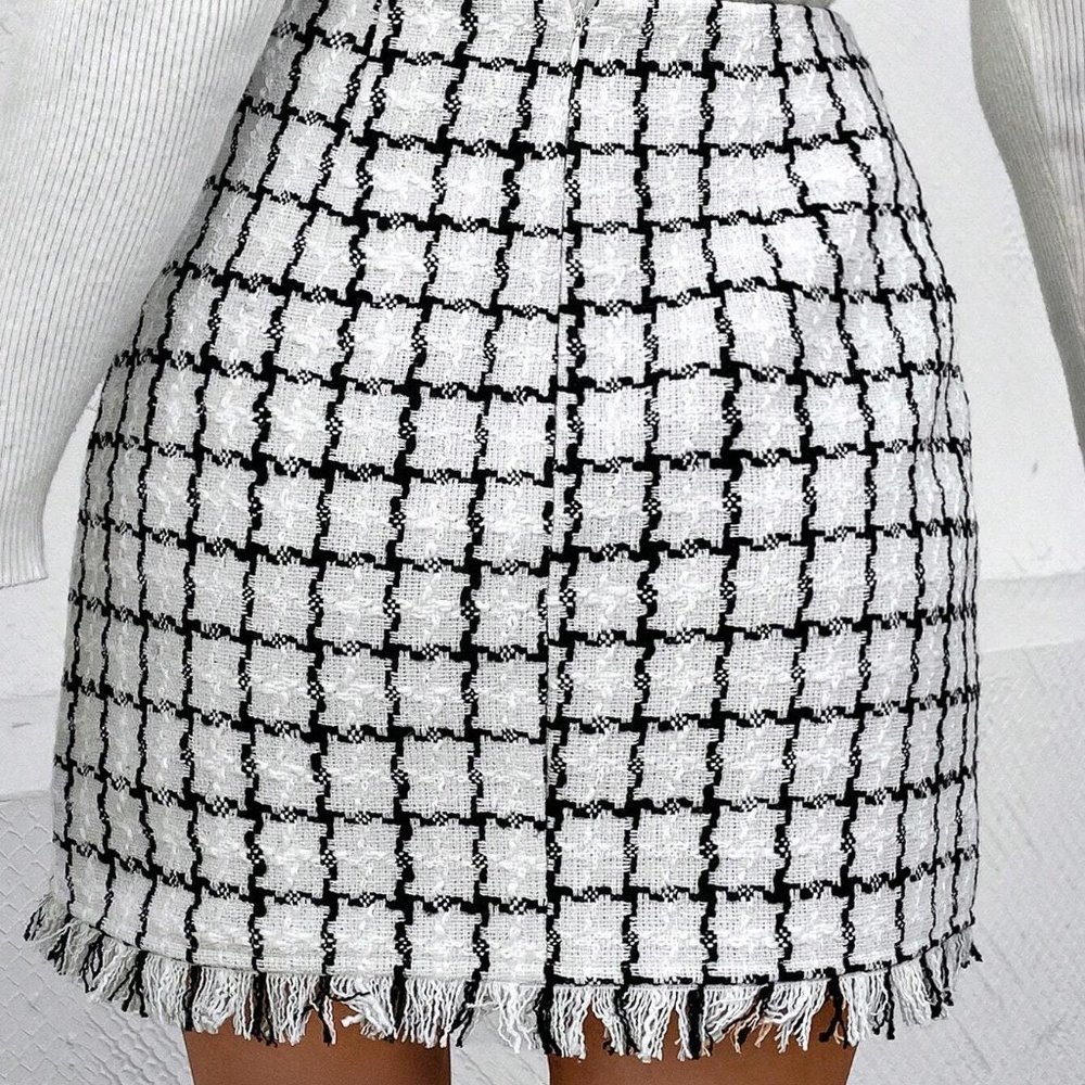 Plaid Pattern Raw Hem Tweed Skirt white - Picture 3 of 5
